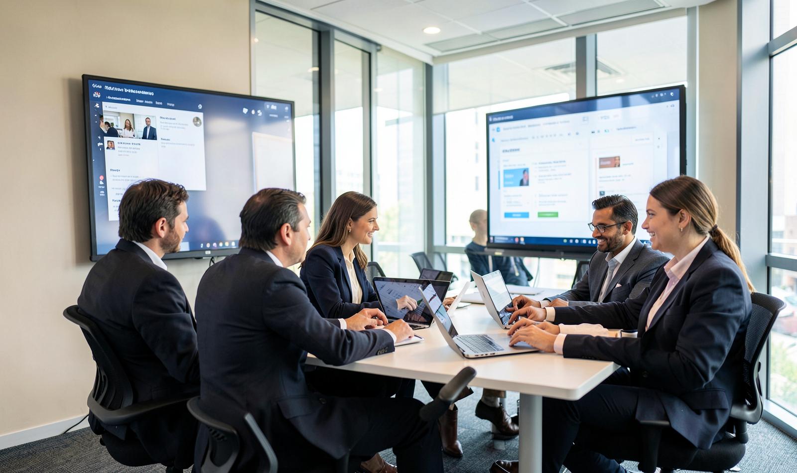 Equipe corporativa colaborando em reunião com ferramentas Microsoft 365